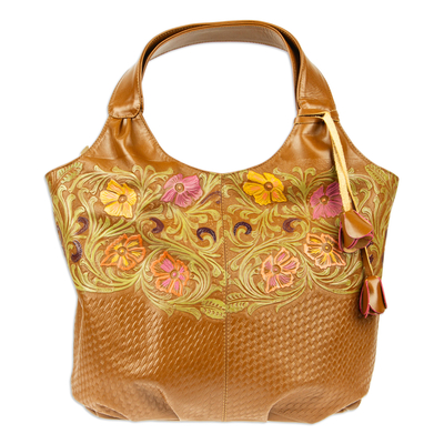 Embossed Floral Copper-Toned Leather Handbag