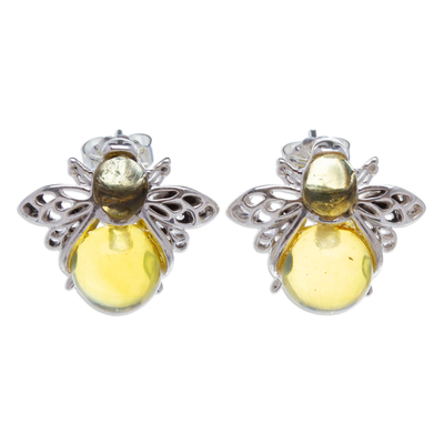 925 Silver Amber Bee Button Earrings with Openwork Accents