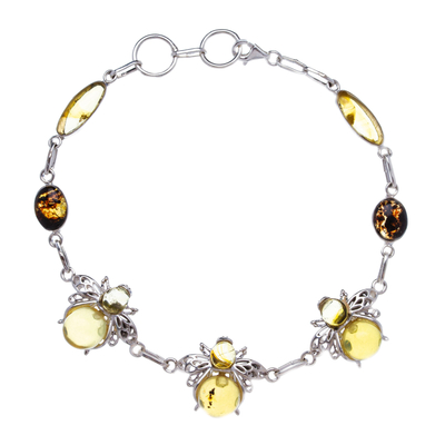 925 Silver Amber Bee Station Bracelet with Openwork Accents