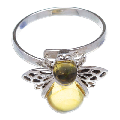 Sterling Silver Amber Bee Wrap Ring with Openwork Accents