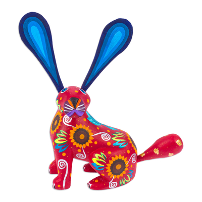 Floral Russet Copal Wood Alebrije Bunny Figurine from Mexico