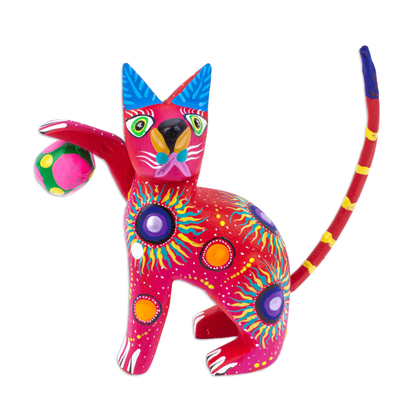 Painted Scarlet Copal Wood Alebrije Cat Figurine with Ball