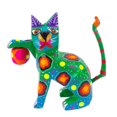 Painted Green Copal Wood Alebrije Cat Figurine with Ball