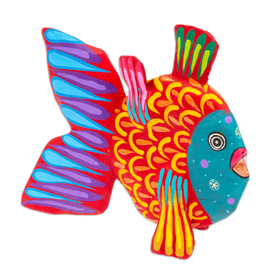 Hand-Painted Red and Teal Copal Wood Alebrije Fish Figurine