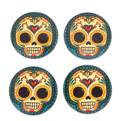 4 Decoupage Pinewood Coasters with Day of the Dead Motifs