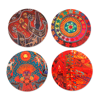 4 Decoupage Pinewood Coasters with Mexican Huichol Motifs