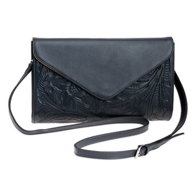 Floral Patterned Leather Sling and Clutch in a Midnight Hue