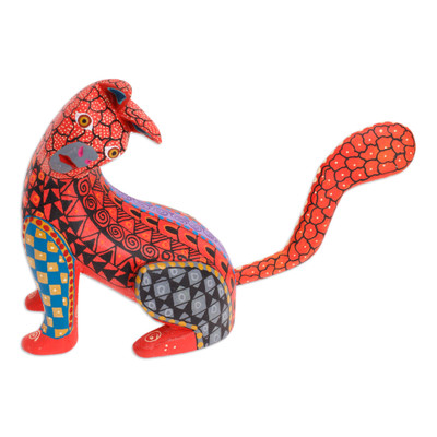 Wood Cat Alebrije Figurine in Red Hand-Painted in Mexico