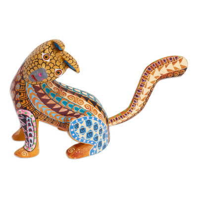 Wood Cat Alebrije Figurine in Amber Hand-Painted in Mexico