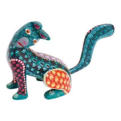 Wood Cat Alebrije Figurine in Green Hand-Painted in Mexico