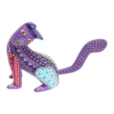 Wood Cat Alebrije Figurine in Purple Hand-Painted in Mexico