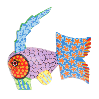 Hand-Painted Wood Fish Alebrije Figurine with Floral Motifs