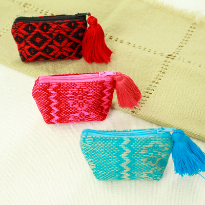 Set of 3 Handmade Geometric Cotton Coin Purses from Mexico