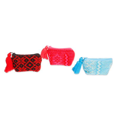 Set of 3 Handmade Geometric Cotton Coin Purses from Mexico