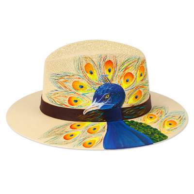Hand-Painted Peacock-Themed Leather-Accented Cotton Hat