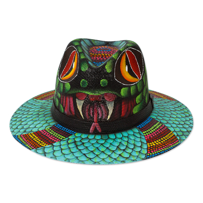 Painted Snake-Themed Turquoise Cotton Hat with Leather Band