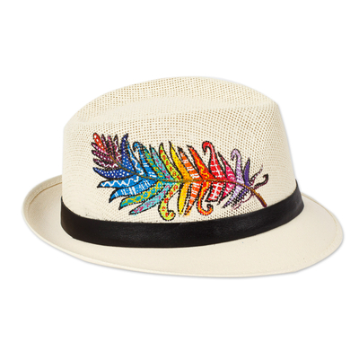 Hand-Painted Feather-Themed Leather-Accented Cotton Hat