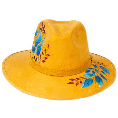 Honey Suede Fedora with Hand-Painted Leaf Motif in Blue