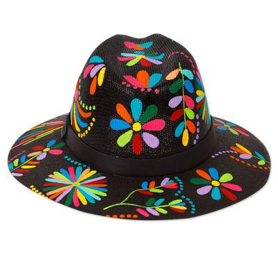 Painted Floral Multicolor Cotton Hat with Faux Leather Band