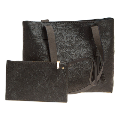 Baroque-Inspired Floral Dark Leather Tote Bag and Wristlet