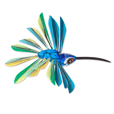 Wood Hanging Alebrije Hummingbird Sculpture in Blue