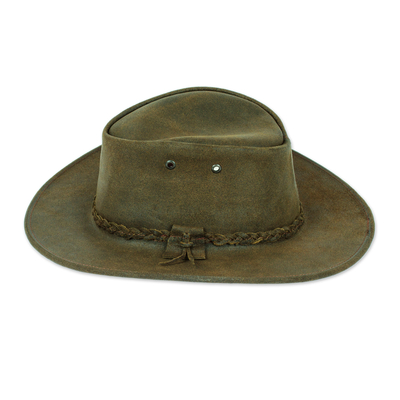 Handcrafted Olive 100% Leather Hat with Braided Accents