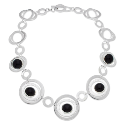 Modern Sterling Silver Link Necklace with Obsidian Jewels