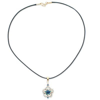 Gold-Accented Floral Howlite Pendant Necklace in Blue Hues