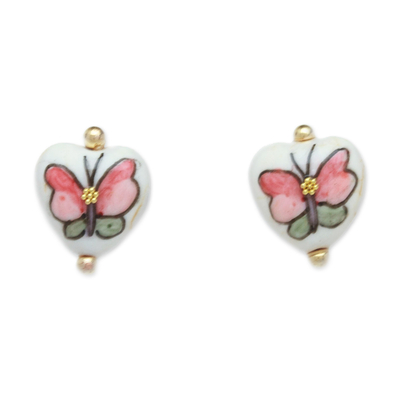 Gold-Accented Heart-Shaped Butterfly Howlite Stud Earrings