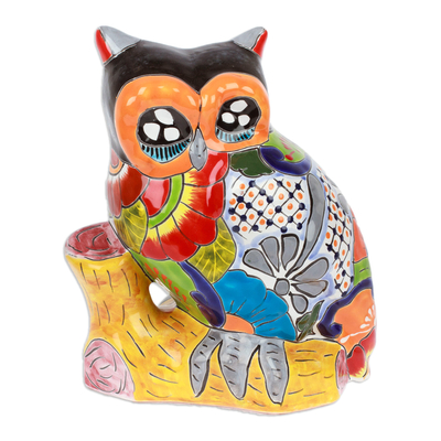 Owl-Themed Floral Painted Ceramic Sculpture from Mexico