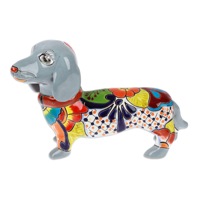 Dachshund Dog-Themed Painted Ceramic Sculpture in Grey