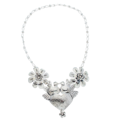 Taxco 925 Silver Bird Heart & Flower Statement Necklace