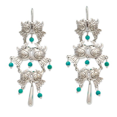 Taxco 925 Silver Turquoise Bird-Themed Waterfall Earrings
