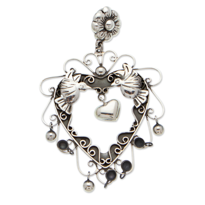 Bird Heart and Floral Themed Taxco Sterling Silver Pendant