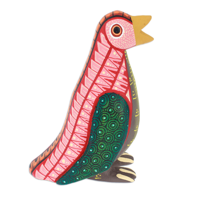Painted Red and Green Copal Wood Penguin Alebrije Sculpture