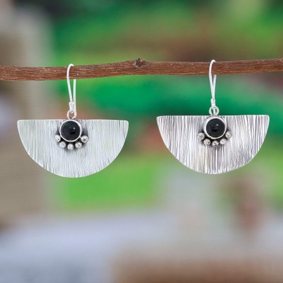 Modern Taxco 925 Silver Dangle Earrings with Obsidian Stone