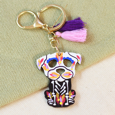 Wood Day of the Dead Skeleton Dog Keychain and Bag Charm