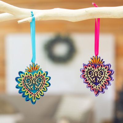 2 Hand-Painted Heart-Shaped Wood Ornaments with Ribbons