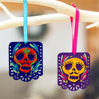 2 Colorful Hand-Painted Wood Day of the Dead Skull Ornaments