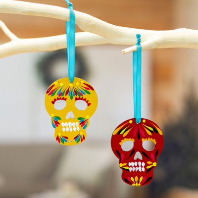 Pair of Hand-Painted Wood Day of the Dead Skull Ornaments