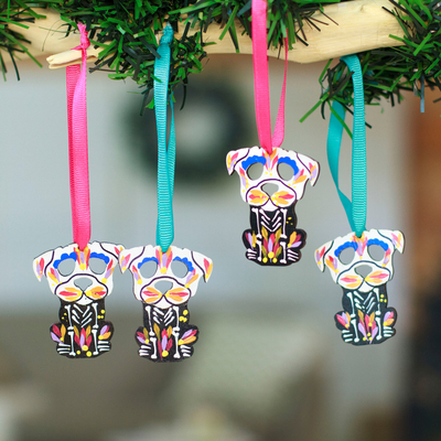 4 Wood Day of the Dead Skeleton Dog Ornaments with Ribbons