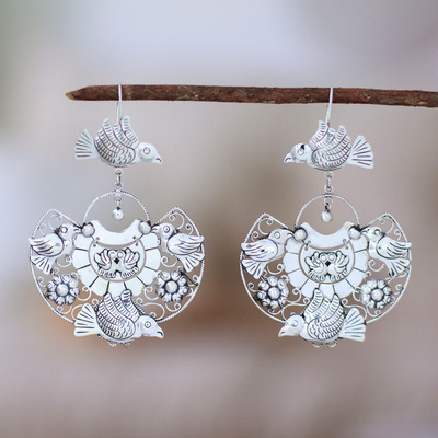 Bird and Floral-Themed Sterling Silver Statement Earrings
