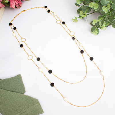 Gold-Plated Cultured Pearl and Onyx Long Station Necklace