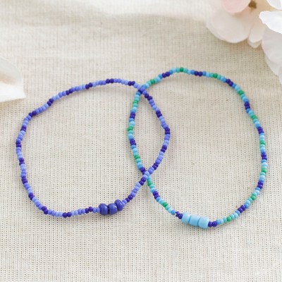 Set of Two Blue and Turquoise Glass Beaded Stretch Bracelets