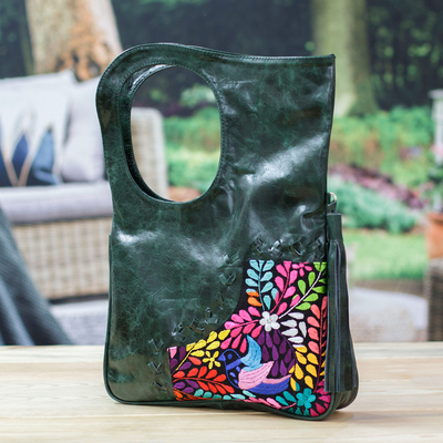 Modern Leather Handbag with Colorful Hummingbird Details