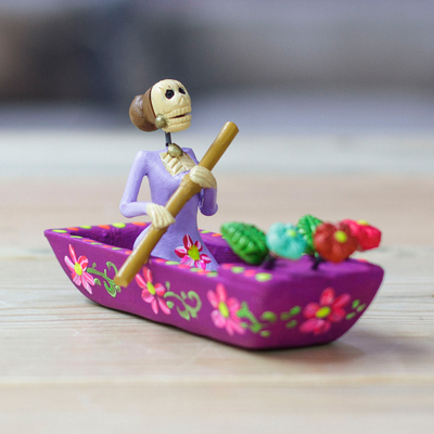 Hand-Painted Catrina on a Boat Ceramic Figurine in Purple
