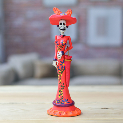 Hand-Painted Floral Lady Catrina Ceramic Sculpture in Red