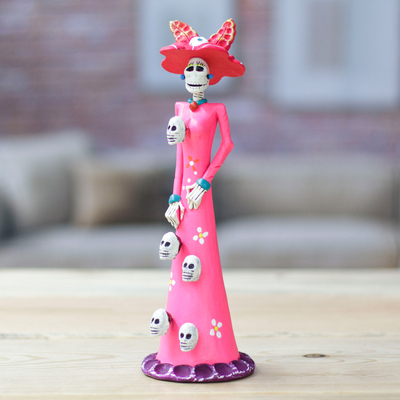 Hand-Painted Skull Lady Catrina Ceramic Sculpture in Pink
