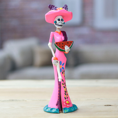 Hand-Painted Summer Lady Catrina Ceramic Sculpture in Pink