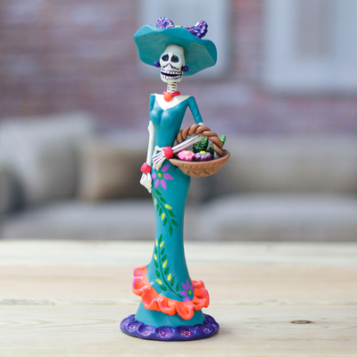 Painted Spring Lady Catrina Ceramic Sculpture in Teal